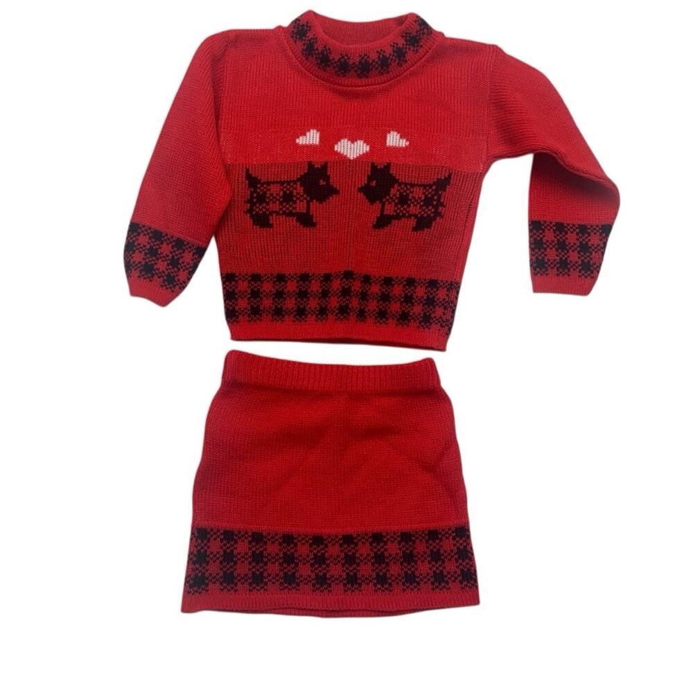 Jet set Sweaters size 2 2t  Red Knit skirt set two piece Scottie dog vintage